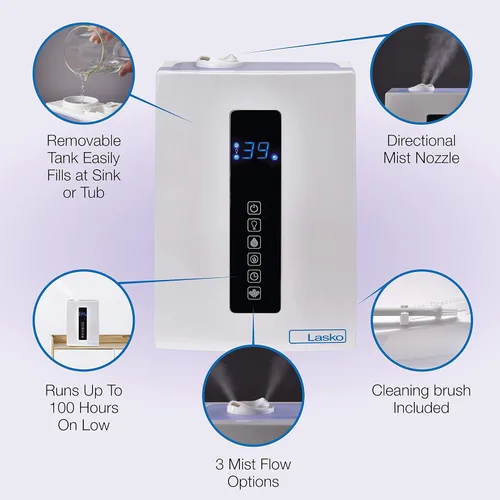 Vista 2 de Lasko Humidificador de niebla caliente y fría UH300 con humidistato y temporizador, silencioso, relajante, humidificador ultrasónico de doble niebla