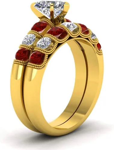 Vista 3 de LOVERSRING Juego de anillos de boda para él y para ella, 2 piezas de anillos de compromiso de boda de circonita cúbica de oro amarillo de 10