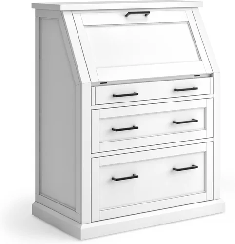 Vista 4 de Modern Wood Drop-Lid Secretary Desk, Fully Assembled, White