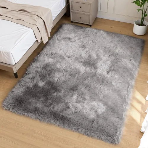 Vista 83 de Goolela Alfombra esponjosa de piel sintética para dormitorio, color marrón claro beige, 2 x 3 pies, alfombra de piel de oveja peluda y difusa
