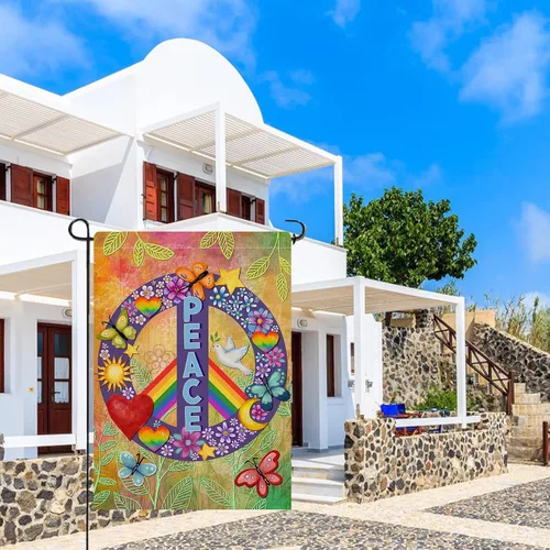 Vista 5 de Dyrenson World Peace Love - Bandera decorativa para jardín, doble cara, arco iris, mes del orgullo, arpillera para patio, decoración exterior