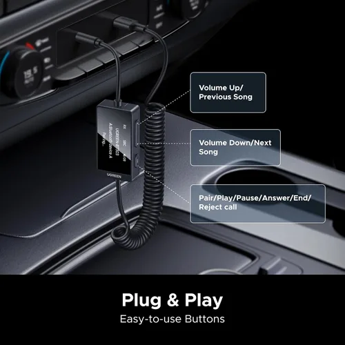 Vista 5 de UGREEN Receptor transmisor Bluetooth 5.4, dos pares de adaptador auxiliar de audio de 0.138 in con micrófono integrado para llamadas manos libres