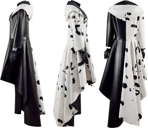 Vista 3 de SPCOSPLAY Cruella - Disfraz de Halloween con estampado de dálmata devilish de manga larga, abrigo y pantalones para mujer