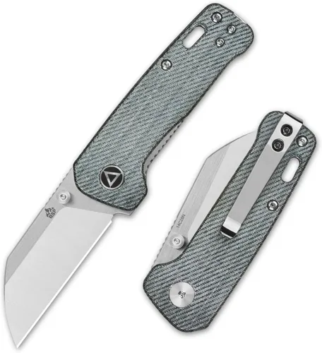 Vista 7 de QSP Penguin - Cuchillo de bolsillo mini plegable, hoja de 2.25" Sandvik 14C28N de dos tonos satinado EDC, mango G10 con superposición CF azul