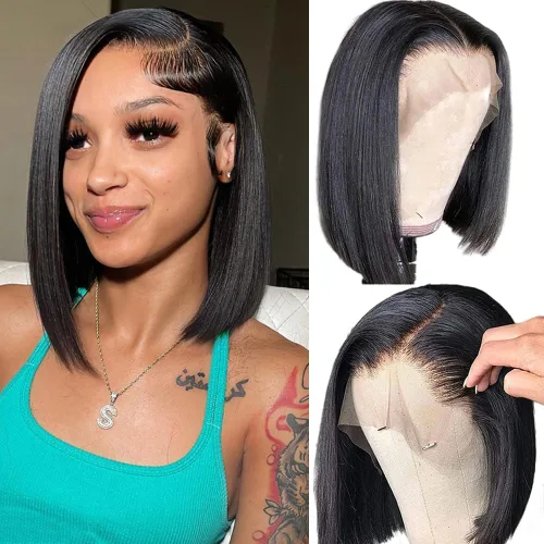 Vista 29 de ALHER Short Bob Wig Human Hair Small Cap Lace Front Wigs Straight, 13X4 Transparent Lace Frontal Wigs 180% Density for Women, Natural Color, Cap