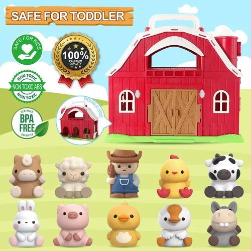 Vista 4 de Juguete de granero grande de animales de granja para niños de 1, 2 y 3 años, juguetes Montessori educativos para niños pequeños, juego de simulación
