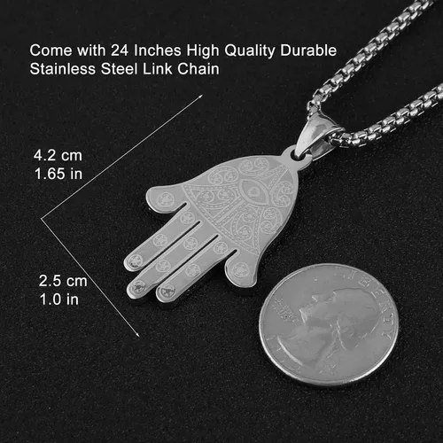 Vista 3 de HZMAN Khamsah Collar con colgante de mano de Fátima Hamsa de acero inoxidable con ojo egipcio, éxito y protección Lucky