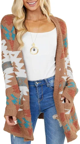 Vista 7 de Sidefeel Women Open Front Aztec Cardigan Pockets Long Sleeve Knit Sweater Coat