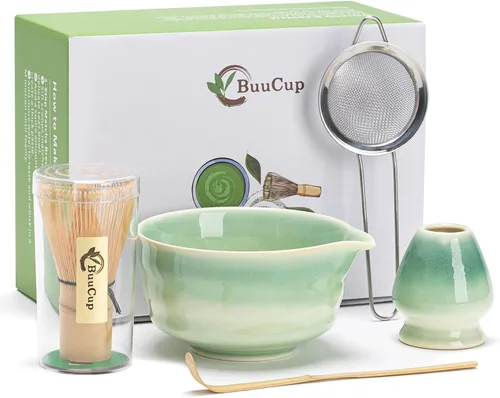 Vista 12 de Buucup Juego de matcha, 5 piezas de aguacate verde matcha con cuenco en forma de corazón con boquilla, batidor de bambú, cuchara, tamiz y soporte