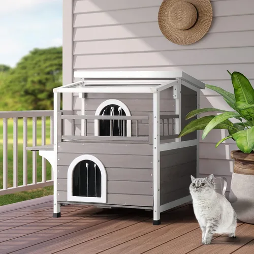 Vista 7 de Casa para gatos de 2 pisos con balcón grande, condominio interior para gatos al aire libre, hogar de madera para gatos