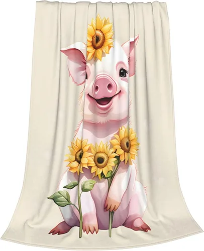 Vista 2 de Manta Linda con Diseño de Cerdito y Girasol, Regalos para Adultos y Niños, Manta de Franela de Dibujos Animados, Cerdito y Lechón, Suave, Cómoda