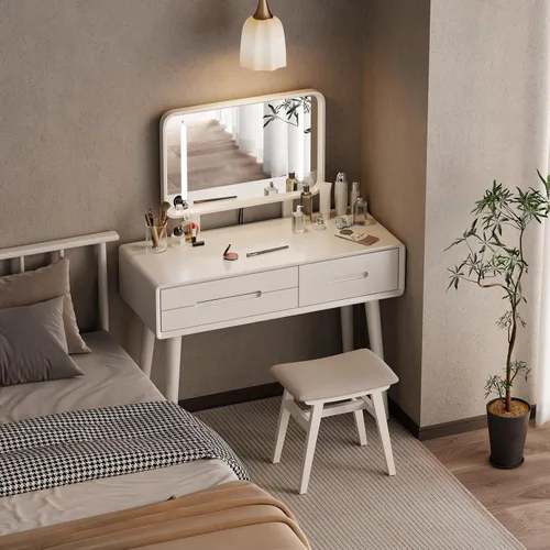 Vista 11 de Tocador de madera maciza con espejo y luces, brillo ajustable, tocador de maquillaje de madera con 3 cajones, semiensamblado, escritorio de tocador