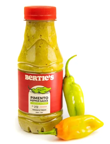 Vista 10 de Bertie's Salsa de pimienta original (10 onzas/10.1 fl oz), gran sabor y calor, hecha con pimientos amarillos frescos de Trinidad Moruga Red y Scotch