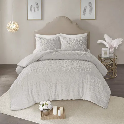 Vista 14 de Madison Park Juego de ropa de cama de algodón chenille con mechones para todas las estaciones, fundas a juego, tamaño matrimonial/queen