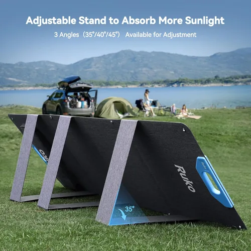 Vista 5 de Ruko Panel solar portátil RK200 de 200 W, cargador de panel monocristalino plegable con 23.5% de eficiencia, caja de expansión de carga, impermeable