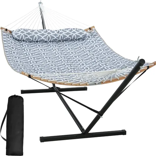 Vista 14 de SUNCREAT Hamaca doble con soporte incluido, hamaca portátil con soporte y almohada grande, rayas azules