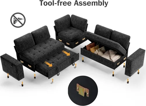 Vista 4 de Vipbear Sofá cama modular en forma de L de 5 asientos con cama extraíble/respaldo reclinable/puertos USB/asiento de almacenamiento, sofá cama Negro