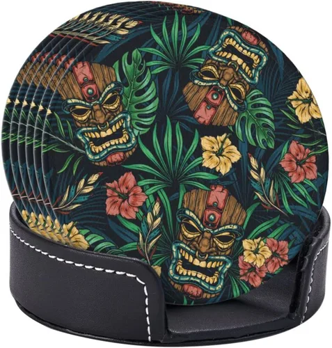 Vista 2 de Famame 6 posavasos hawaianos de cuero con hojas tropicales Tiki para bebidas con soporte, juegos de posavasos para mesa de bebidas, posavasos