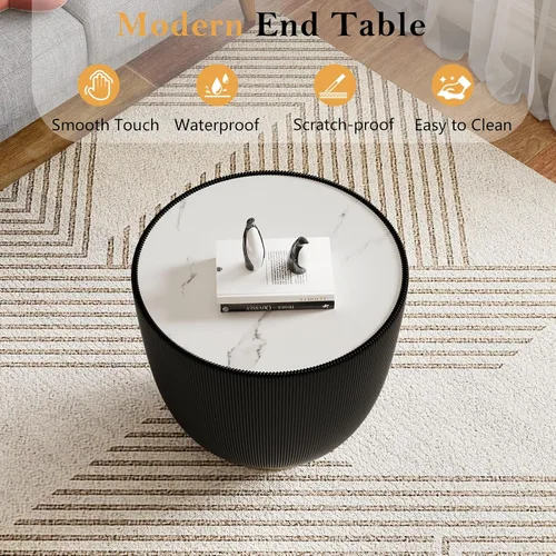 Vista 4 de Mesa auxiliar redonda moderna, mesa auxiliar de sofá de mármol sintético con base cubierta de cuero sintético en forma de cuenco, mesa auxiliar En