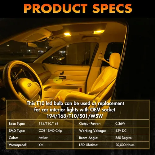Vista 3 de Alopee Paquete de 30 bombillas LED 194 ámbar acrílico T10 bombilla LED ámbar DC 12V luces interiores de coche para 194 168 T10 2825 W5W marcador