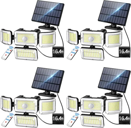 Vista 10 de CLAONER Luces solares para exteriores, sensor de movimiento, 3500 lm, 288 luces LED de seguridad con control remoto, IP67, impermeable, 4 cabezales