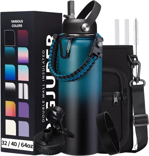 Vista 20 de Botella de agua aislada de 1 galón, con popote y tapa de pico automático, mango de paracord, funda para botella, botella de agua de acero inoxidable