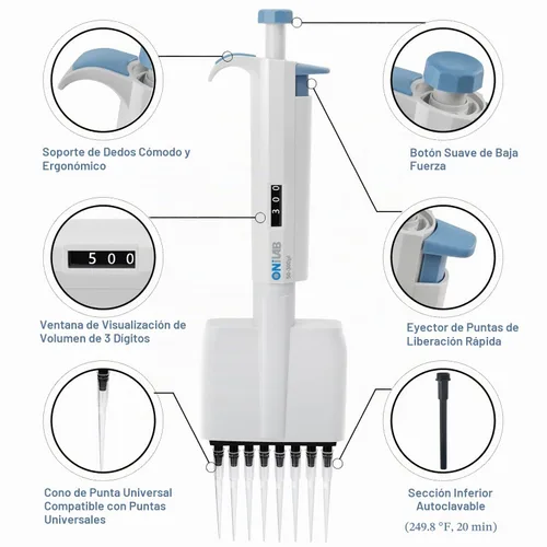 Vista 2 de Micropipeta de laboratorio ONiLAB, pipeta de volumen ajustable de 8 canales 0.5-10μL Pipeta multicanal, transferencia líquida precisa, ideal