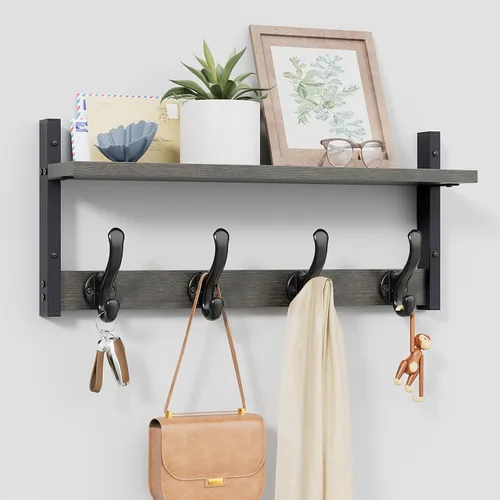 Vista 15 de Tatub Perchero rústico de 29 pulgadas con estante, ganchos de pared de entrada con estante, perchas para baño, sala de estar, dormitorio, negro