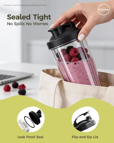 Vista 4 de ICUCINA - Vaso de licuadora de 28 onzas de repuesto con tapas para llevar, tazas para batidos de proteínas, vasos para batidos sin BPA (paquete de 2)