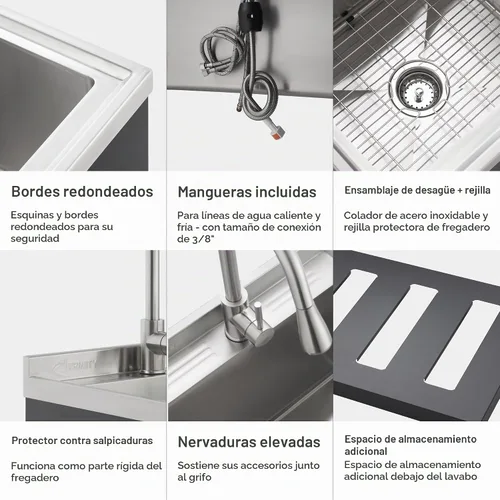 Vista 6 de TRINITY Fregadero independiente de acero inoxidable de un solo compartimento para garaje, cuarto de lavandería y uso comercial, incluye grifo
