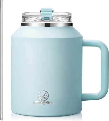 Vista 19 de Gpeng 30/40/50 oz Vaso con asa, botellas de agua con tapa de popote, taza de viaje de acero inoxidable aislada compatible con portavasos, mantiene