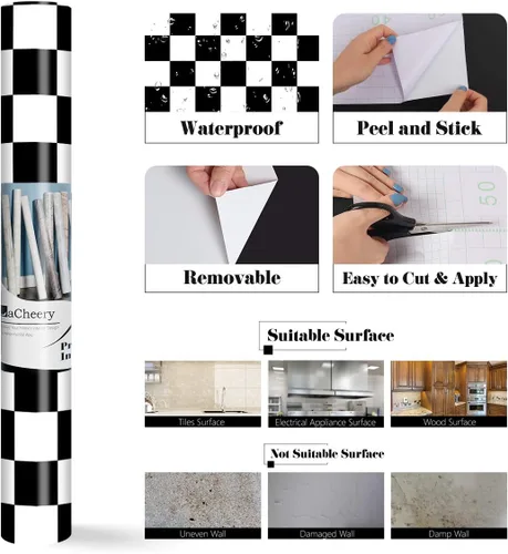 Vista 7 de LaCheery Papel de contacto decorativo a cuadros de 12 x 160 pulgadas, papel de pared en blanco y negro, papel tapiz autoadhesivo extraíble