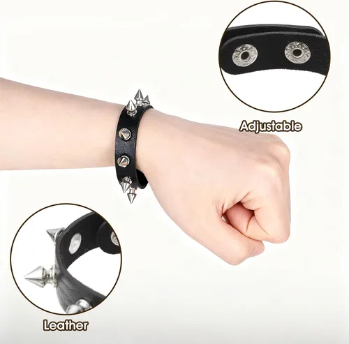 Vista 3 de WLLHYF Pulsera ajustable de cuero con tachuelas punk rock negro Emo pulseras góticas para hombres y mujeres
