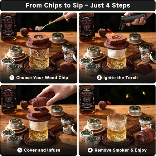 Vista 5 de ComboJoy Juego de Regalo de Astillas de Madera para Fumador de Cócteles de 12 Sabores para Hombres - Canela, Clavo, Cáscara de Naranja, Cardamomo