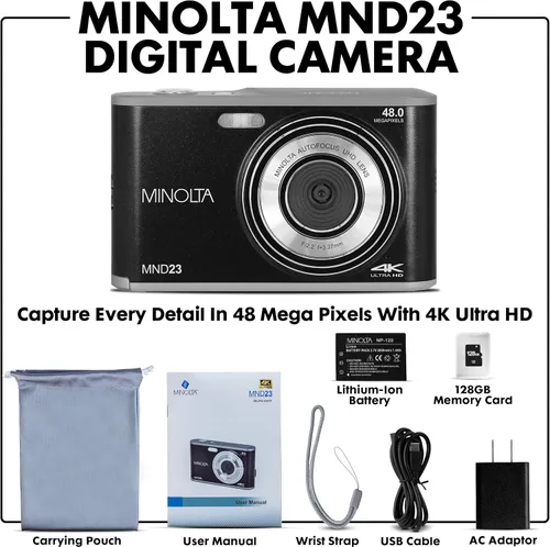 Vista 2 de Minolta Cámara digital de 48 megapíxeles con lente selfie trasera – Vídeo 4K Ultra HD, pantalla LCD de 2.8", zoom digital 16X