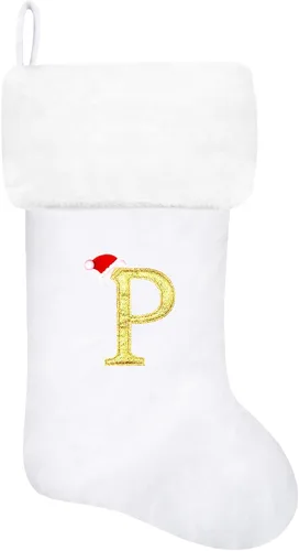 Vista 124 de Calcetines de Navidad bordados de 20 pulgadas con monograma, terciopelo negro con puño de felpa blanca supersuave, adornos clásicos para decoración
