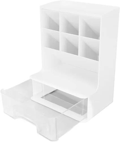 Vista 10 de Wnvivi Organizador de bolígrafo inclinado, soporte para bolígrafo de escritorio, soporte para brochas de maquillaje con cajón, organizador Rosa