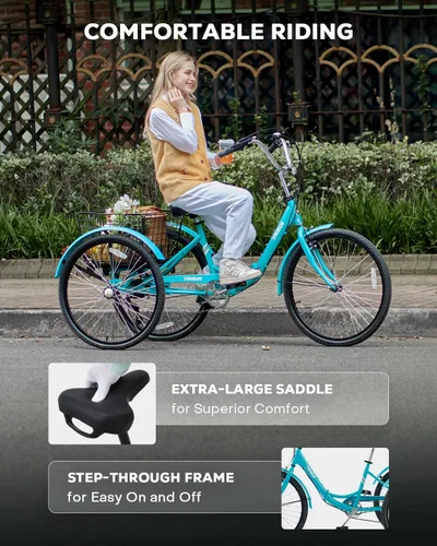 Vista 6 de VIRIBUS Triciclo plegable para adultos, triciclo plegable de 7 velocidades para adultos con cesta con ruedas extraíble, bicicletas plegables de 3