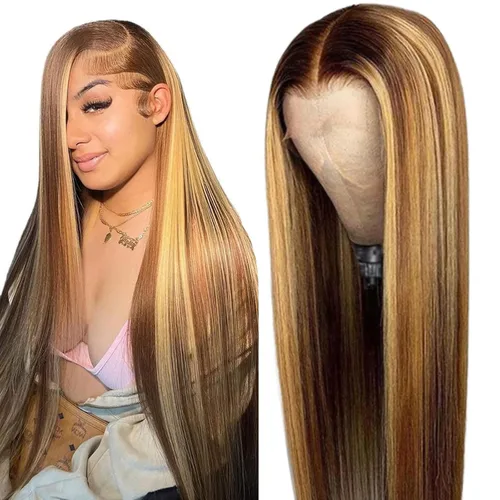 Vista 11 de Cypha Peluca de cabello humano lacio con encaje frontal 1B/27, 13 x 6 HD, cabello humano prearrancado, densidad del 180%, con reflejos de encaje