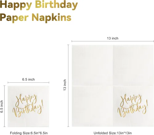 Vista 3 de MORGIANA Servilletas de feliz cumpleaños, servilletas de lujo de oro blanco para cena de cumpleaños, servilletas de cóctel desechables, servilletas