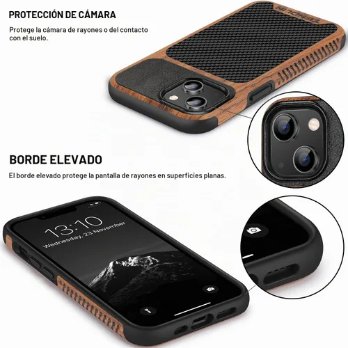 Vista 4 de TENDLIN Compatible con Funda para iPhone 14 de Grano de Madera con Diseño de Textura de Fibra de Carbono, Funda Híbrida de Cuero delgada Negra Negro