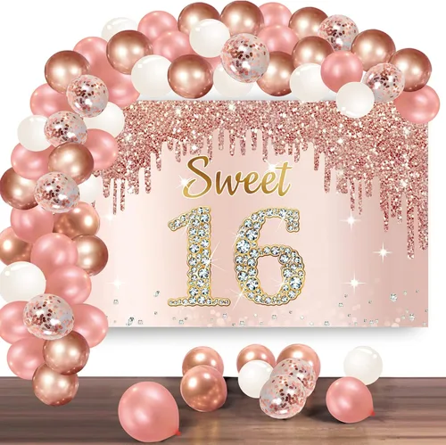 Vista 11 de Cartel de feliz cumpleaños 13 con arco de guirnalda de globos de confeti, juego de globos de oro rosa para niñas, póster de cumpleaños rosa de 13