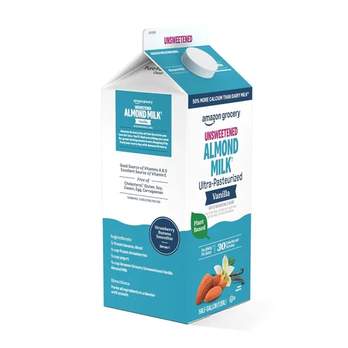 Vista 6 de Marca Amazon Fresh, leche de almendras sin azúcar de vainilla, 64 onzas líquidas (anteriormente Happy Belly)