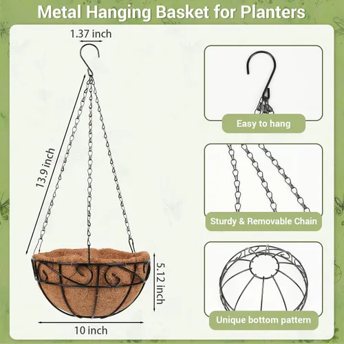 Vista 2 de Paquete de 2 cestas colgantes de metal de 10 pulgadas para plantas al aire libre, macetas colgantes con forro de coco, cestas colgantes para jardín