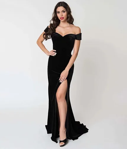 Vista 3 de RYANTH Vestido de fiesta de terciopelo de sirena para mujer, con hombros descubiertos, vestido de noche con abertura, vestido de cóctel RPM111