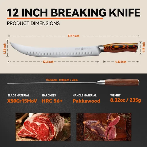 Vista 3 de TUO Cuchillo de carnicero – Cuchillos de carnicero de 12 pulgadas con borde de Granton curvado para cortar carne y verduras – Mango de madera