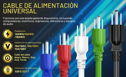 Vista 7 de Cable Leader Cable de alimentación de computadora NEMA 5-15P a IEC C13, cable de alimentación de CA resistente de 3 clavijas para PC, monitor, Negro