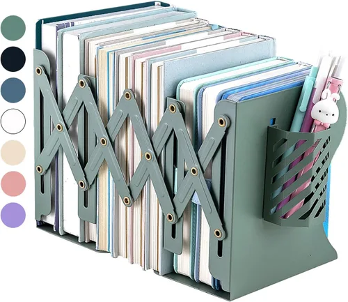 Vista 12 de Sujetalibros Kingsmile, sujetalibros ajustables para estantes, sujetalibros de metal para libros pesados, organizador de topes de libros con porta