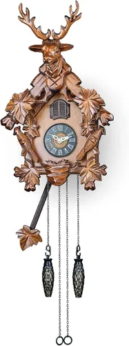 Vista 12 de TIMEGEAR Reloj de cuco con modo nocturno automático, movimiento de cuarzo y cabeza de ciervo tallada (negro)