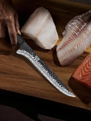 Vista 7 de HOSHANHO - Cuchillo de filetear de 7 pulgadas, cuchillo para deshuesar forjado a mano y afilado como una navaja, cuchillos de pescado de acero súper